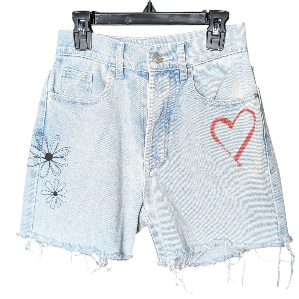 Pac Sun Light Blue Denim Shorts Heart Flower Rainbow Design Frayed Hem Like New